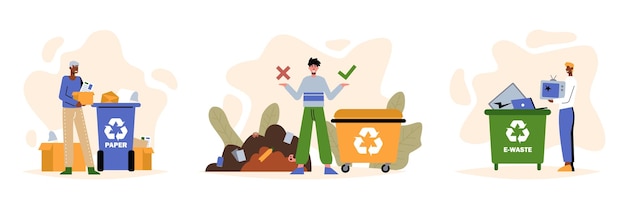 Set of people sorting garbage Men collect paper and technique thrown into special containers