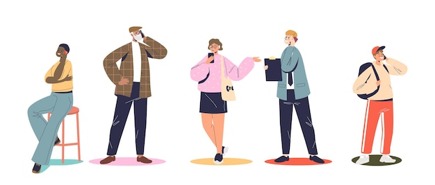 Set of people speaking on smartphone, different cartoon characters use mobile phones call and communicating with cellphones, having conversation on cellulars. flat vector illustration