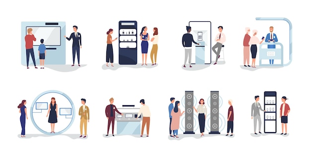 Set of people standing beside commercial promotional stands, trying product samples, talking to consultants and promoters advertising goods or services at trade fair. Flat cartoon vector illustration.