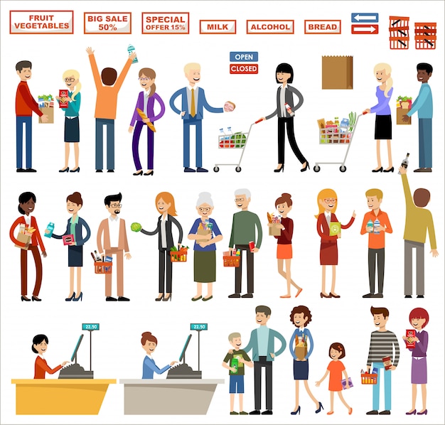 白い背景の上のスーパーマーケットの人々のセット。ショッピング、製品、購入