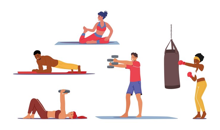 Vector set people training with dumbbells boxing stand in plank and stretching isolated sport characters workout exercises