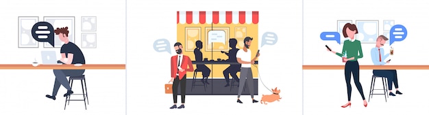 Набор люди с помощью мобильного приложения чат пузырь социальные медиа коммуникация концепция мужчины женщины ходьба на открытом воздухе сидя на стойке речи разговор современный улица кафе полная длина горизонтальный