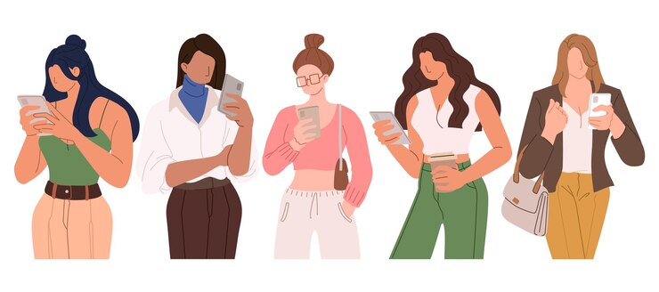 소셜 미디어 일러스트레이션에서 스마트폰 검색 인터넷 채팅을 사용하는 사람들