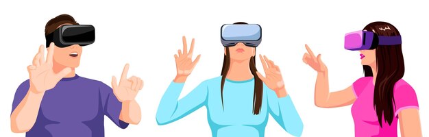 Set of people in virtual reality glasses gaming in 3d meta Young man woman girl have new experience of metaverse education in vr headset Digital technologies for entertainment Vector illustration