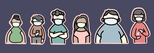 Vector set of people waring face mask on public flat design vector illustration