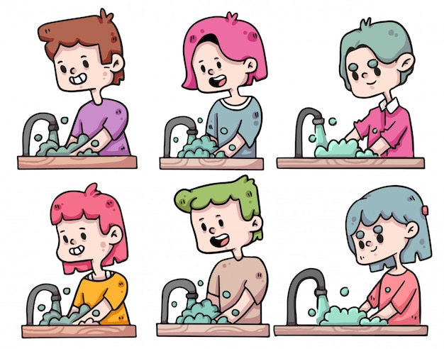 set of people washing hands cute  illustration