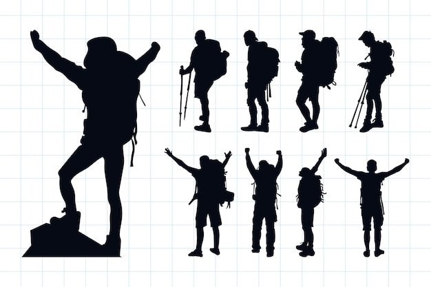 Un insieme di persone con l'escursionismo in zaino raggiunge la cima dell'illustrazione di clipart della silhouette del picco di montagna
