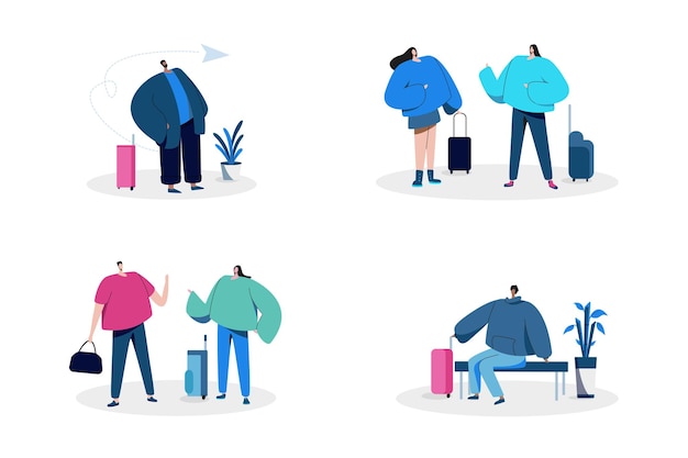 Набор людей с багажом, путешествующих в плоском дизайне