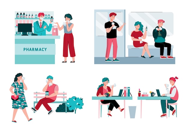 Set of people with symptoms of a flu flat vector isolated illustrations