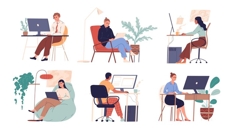 Vector set of people working with laptops and computers
