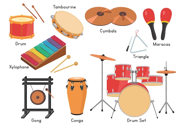 Vettore set di strumenti musicali per la famiglia a percussione, disegno vettoriale, stile piatto. clipart di musica a percussione