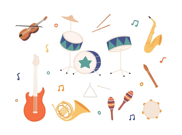 Set of percussion, wind, brass and stringed music instruments. Drums, sax, maracas, horn, electric guitar, fiddle, violin, fife and tambourine. Flat vector illustration isolated on white background.