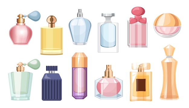 Vettore set di bottiglie di profumo, fiale in vetro colorato e boccette con spruzzatore e pompa. profumi aroma cosmetici per uomo o donna