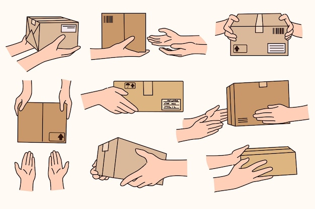 Vector set of person hold cardboard packages