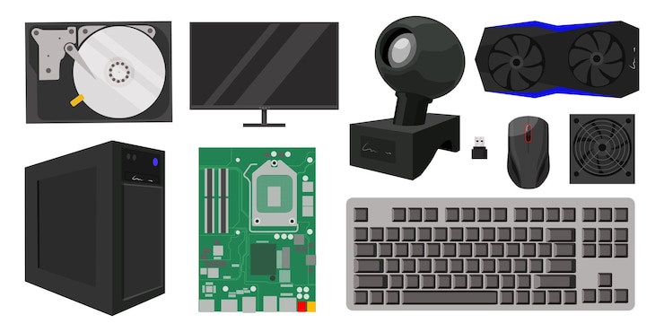 Vector set of personal computer elements in cartoon style vector illustration of a computer hard disk system unit keyboard mouse web camera flash drive columncooler isolated on white background