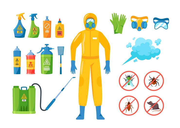 Vector set of pest control icons isolated cartoon vector insecticide bottles insectologist in gas mask gloves and hazmat suit cockroach rat tick and fly insects prohibition signs toxic cloud swatter