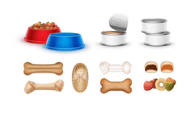 Set of pet food: bones, canned goods, bowls and treats