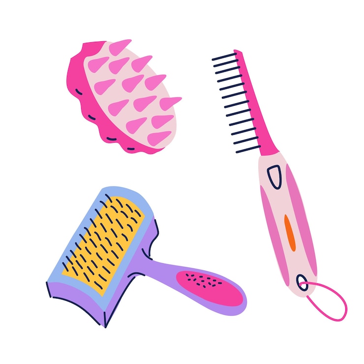 Vector ペットヘアケアツールセット スリッカーブラシ ハンドル付き ゴムブラシ ベクター 隔離クリパーツ ペットグローマーと飼い主のための設備 フラット・トレンディスタイル