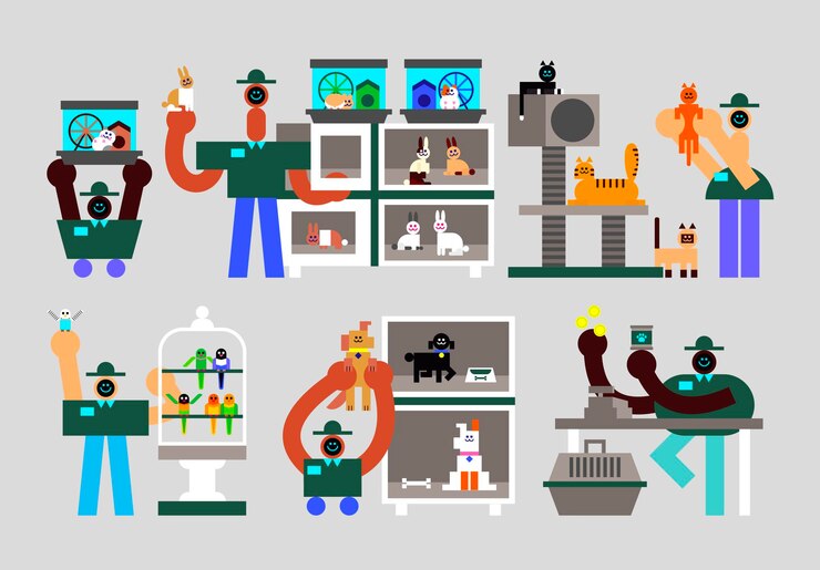 Vector set of pet shop humanoids flat geometric character design