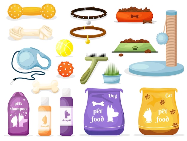 Vector set of pet shop icons accessories for dogs flat vector illustration animal food toys care and other