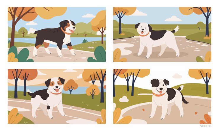 Vector set of pets cheerful dog playing in sunny park