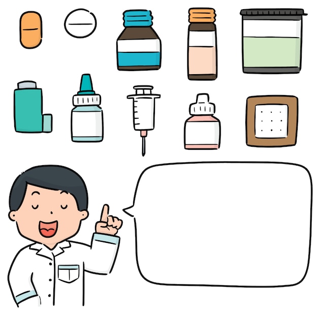 Vector set of pharmacist and medicine