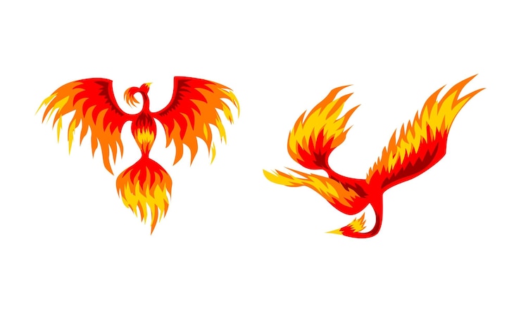 Vector set of phoenix firebirds mythical fairy tale bird creature of slavic folklore vector illustration