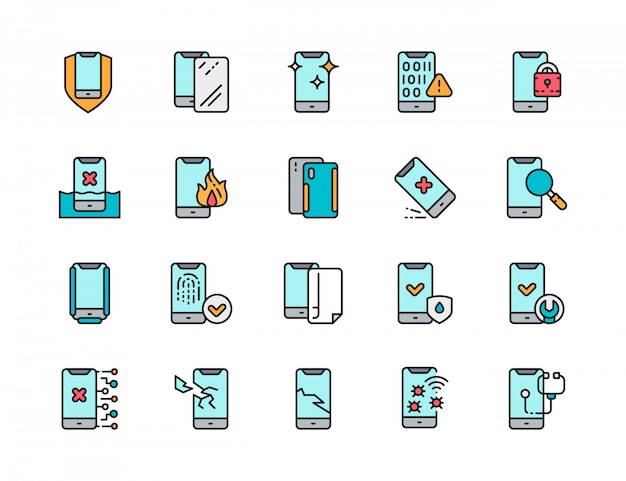 Set of phone repair flat color line icons. spam, protective glass, software virus