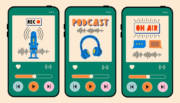 Vettore set di schermi del telefono con tema audio e podcast. registrazione e ascolto di podcast, trasmissione