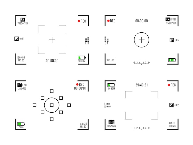 Set di mirini per fotocamere schermi di registrazione video su sfondo trasparente