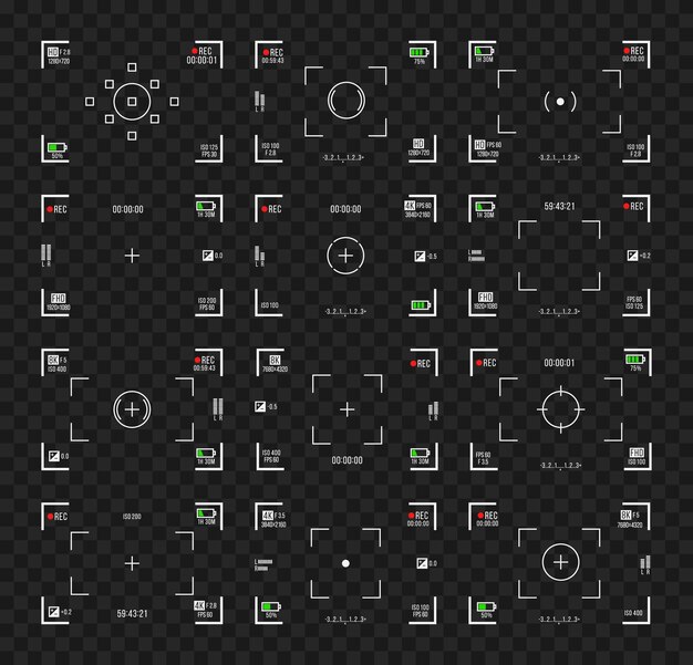 Vector set of photo camera viewfinders video recording screens on transparent background