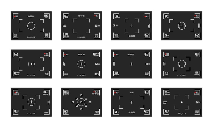 Vector set of photo camera viewfinders video recording screens on transparent background