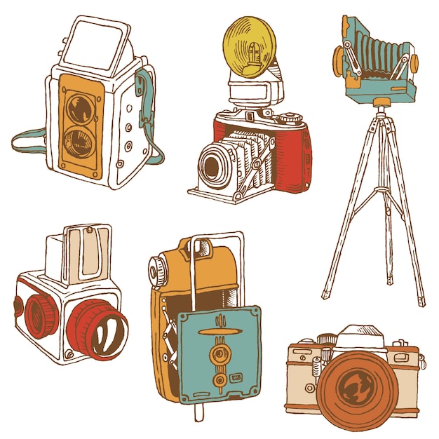 Vector set of photo cameras - hand-drawn doodles in vector