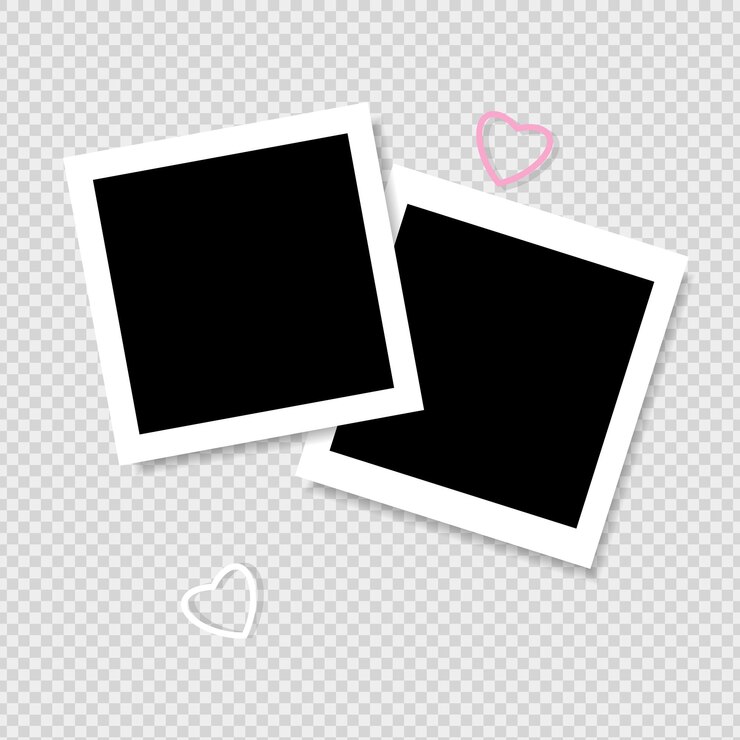 Vector set of photo frame mockup scrapbook realistic with shadows and hearts on grey background