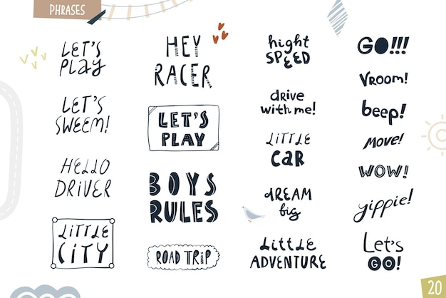 Vector set of phrases little racer cartoon funny illustration isolated on white background vector art