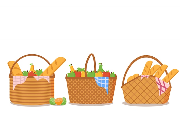 白い背景の上に食べ物がいっぱいのピクニックバスケットのセットです。ピクニックバスケットのコレクションには、屋外での食事用のおいしいフルーツとパンがたくさんあります。ピクニックデザインコンセプト。