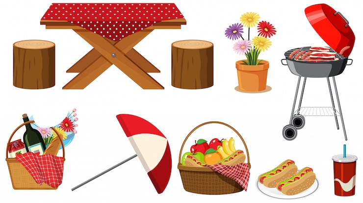 Vector set of picnic items on white background