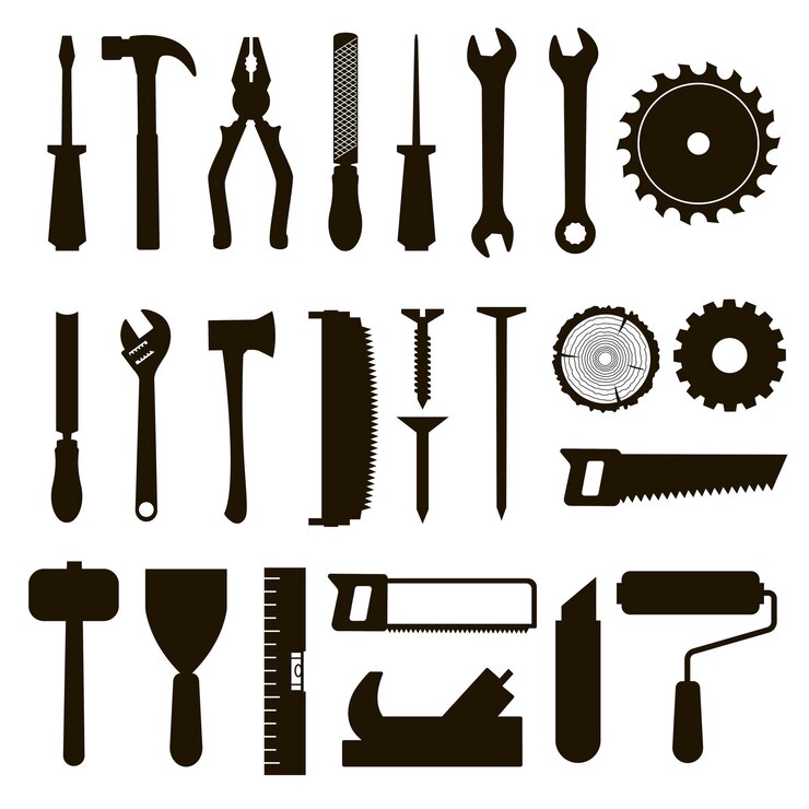 Vector set pictogram extra zwarte kleur voor timmerwerk service reparatie service houthakker zagerij en houtwerk geïsoleerd op witte achtergrond vectorillustratie