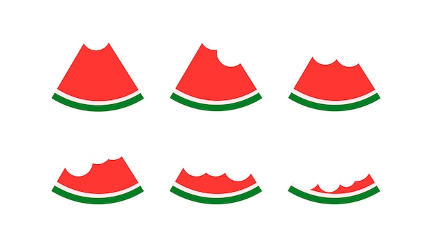 Set pictogrammen gebeten plakjes watermeloen van heel stuk tot schil op wit. vector illustratie