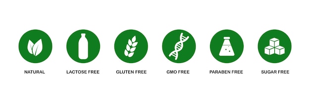 Set pictogrammen glutenvrij GGO-vrij suikervrij parabenenvrij lactosevrij Productverpakkingsetiketten Vector illustratie