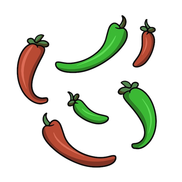 Set pictogrammen ingrediënten voor het koken van rode en groene peper vectorillustratie in cartoon-stijl