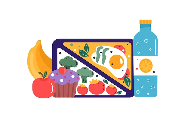 Vector set pictogrammen ontbijt of lunchmaaltijden. eten, drinken voor schoolmaaltijden voor kinderen met maaltijd, hamburger, sandwich, sap, snacks, fruit, groenten. vectorcollecties