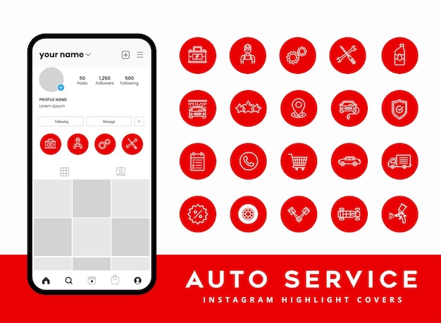 Set pictogrammen voor auto-autoservices voor instagram-verhaal hoogtepunt covers