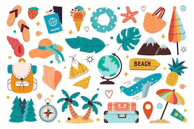 Set pictogrammen voor zomer reizen concept Elementen voor zee vakantie aan zee ontspannen kamp en toerisme