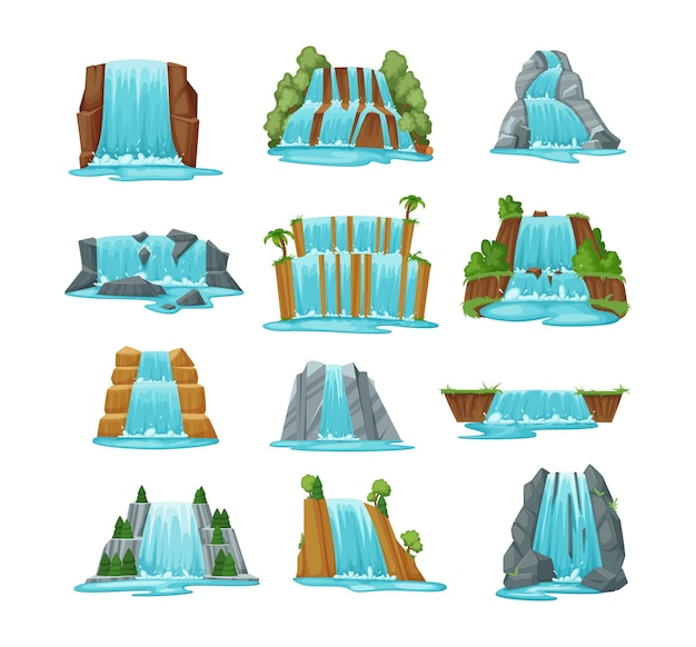 Vector set of picturesque waterfalls falling from rock stones