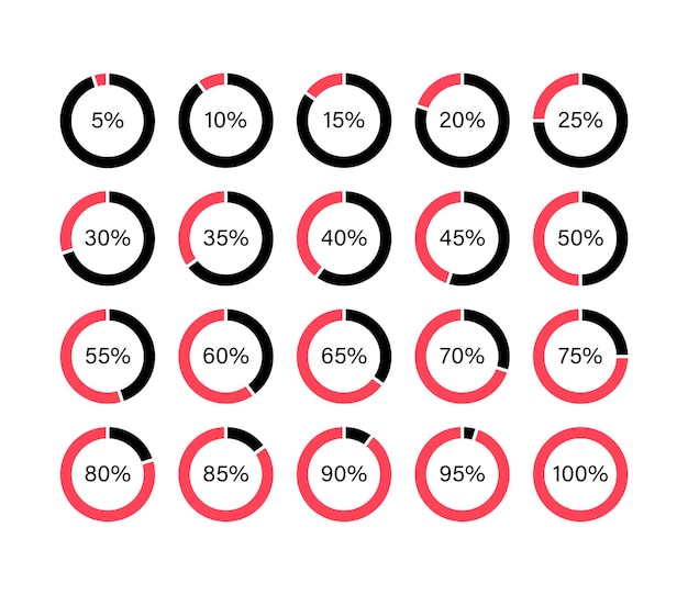 흰색에 5%에서 100%까지 infographic 벡터 평면 템플릿 원형 그래프에 대한 원형 차트 설정