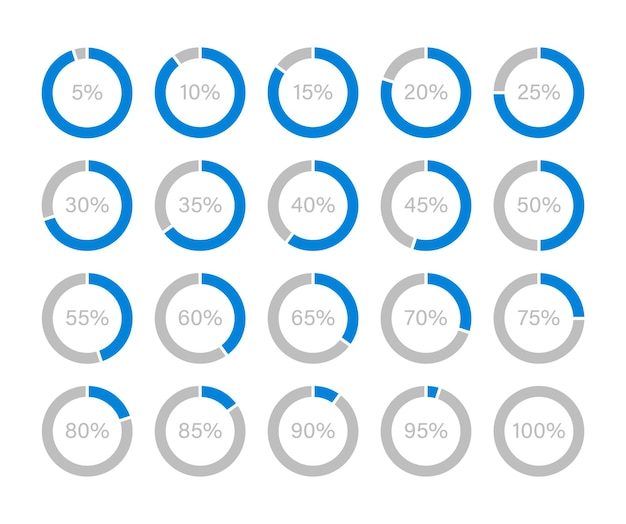 Imposta il grafico a torta per l'infografica. illustrazione vettoriale. grafici circolari dal 5 al 100 percento