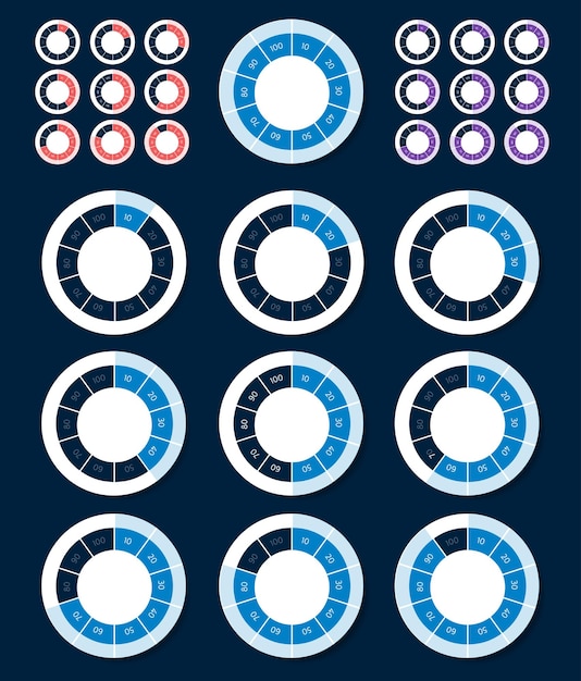 Vector set of pie circle round percentage charts diagrams for infographics