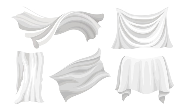 Set of pieces of wavy white clean fabric fluttering in the wind tablecloth curtain sheet vector illustration