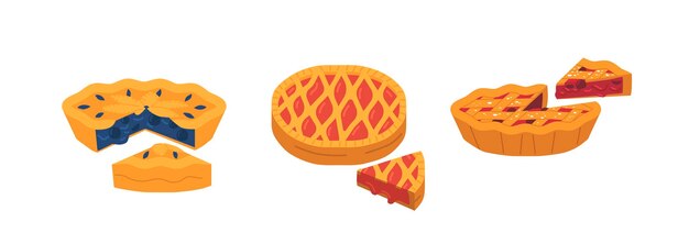 Vector set of pies with cut piece showcases delicious pies with a variety of fillings including blueberry cherry strawberry